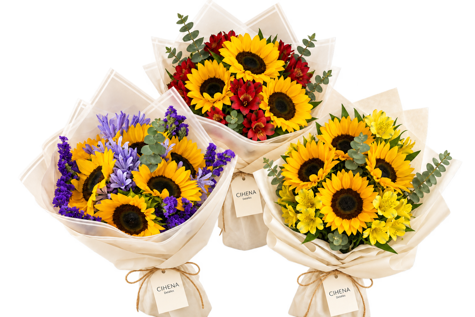 Tres ramos CIHENA de girasoles con flores moradas, rojas y amarillas disponibles a 59 soles